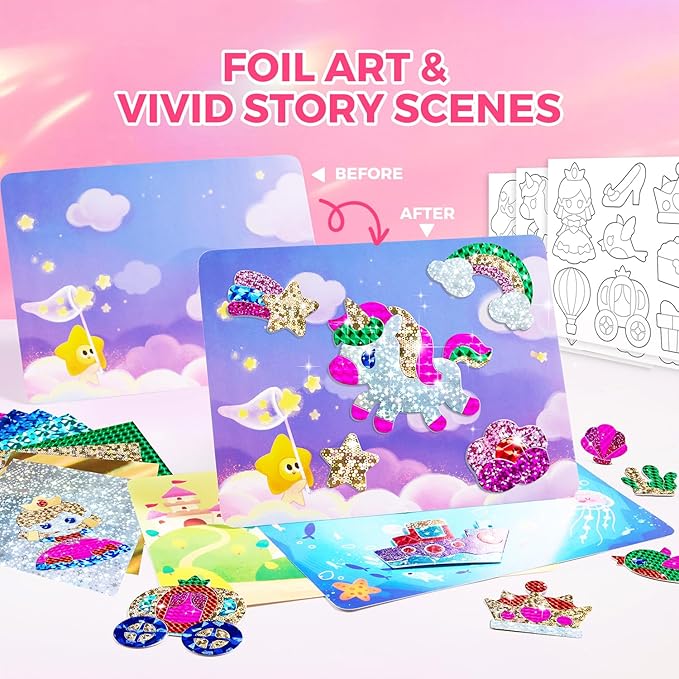 Jar Melo 3 in 1 Foil Craft Kit for Kids, DIY Foil Stickers Art Supplies, 3D Puzzle Unicorn Toys for Girl, Princess Magnetic Dress-Up Kits, Creative Travel Activity, Birthday Gifts for Girls 4-10