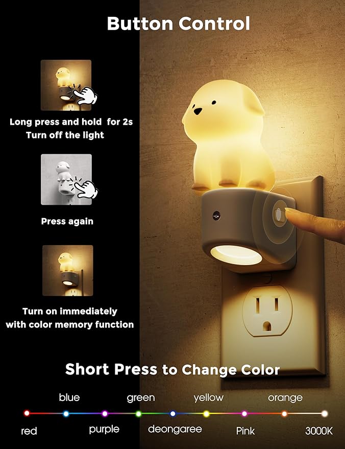 L LOHAS LED Night Light for Kids, 3D Dog Night Light Plug in, Dusk to Dawn Nursery Night Lights, RGB+Soft White 3000K, 3 Lighting Modes, Room Decor, Children
