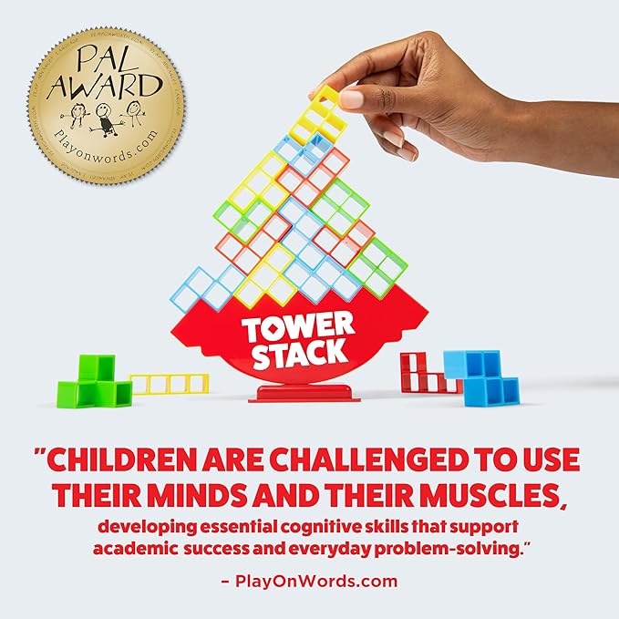 Tower Stack By Relatable, Exciting Tower Game for Kids & Adults Family Game Night, Fun Stacking and Building Toys, Includes 36 Cards, 24 Blocks, 1 Tower Body, 1 Tower Stand, and Instructions