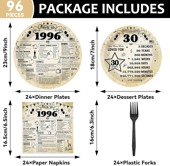 CHUNNIN 96Pcs 30th Birthday Plates and Napkins Back in 1996 Party Decorations Vintage 30 Year Old Party Dessert Plates 1996 Birthday Tableware for 24 Guests 30th Theme Men Woman Bday Parties Supplies