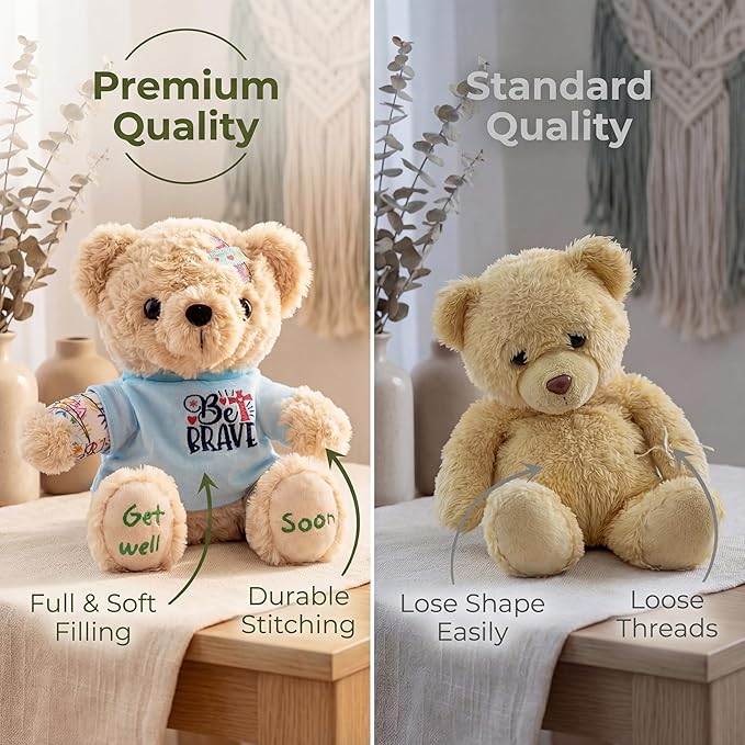 Get Well Soon Bear for Surgery Recovery Gifts, Emotional Comfort Stuffed Animal for Kids & Women, Tonsillectomy & Appendix Post-Op Plush, Be Brave Hospital Patient Companion, 8 Inch Beige
