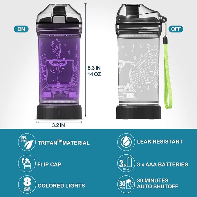 YuanDian Light Up Kids Water Bottle with 3D LED Light- 14 OZ Tritan BPA Free Eco-Friendly - 7 Color Light Cool Drinking Cups Gift for School Kids Girl Child (Ballet)