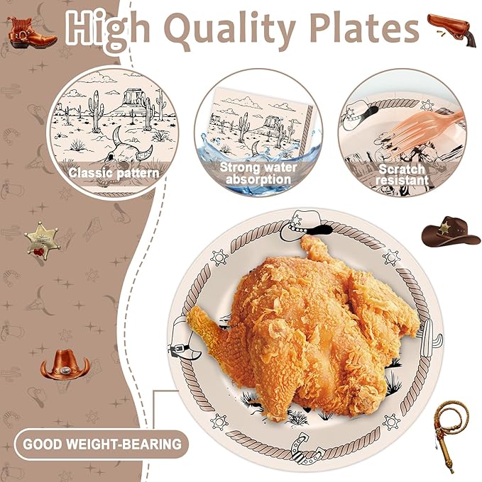 CHUNNIN 50Pcs 7in Western Party Paper Plates and Napkins Cowboy Dessert Cake Plates Rodeo Bachelor Theme Decorations Wild West Tableware Set Serves 25 Guest Cowboy Birthday Party Supplies
