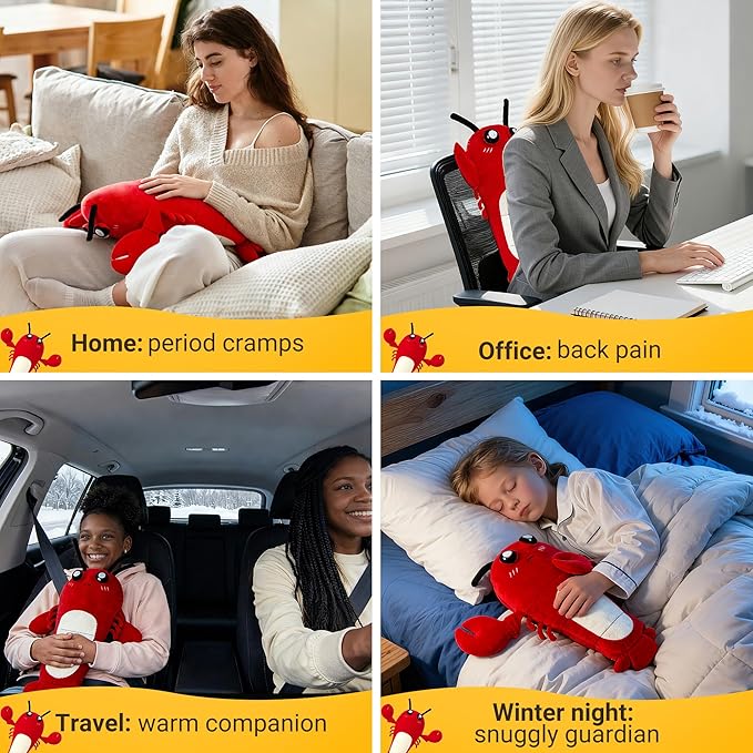 Crustacean Lobster Heating Pad for Period Cramps, Heated Stuffed Animal, Portable USB Electric Heating Pad with Auto Shut Off, Warm Plushie for Belly Back Shoulder Pain Relief, Gift for Mom Women