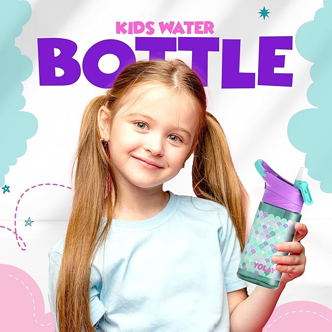 YOLAY 15oz Kids Water Bottle For School Boys and Girls, Durable Toddler Water Bottle with Straw Lid Leak-Proof, Spill Proof, Easy Clean and Dishwasher Safe with Re-Usable and BPA Free - Scallop