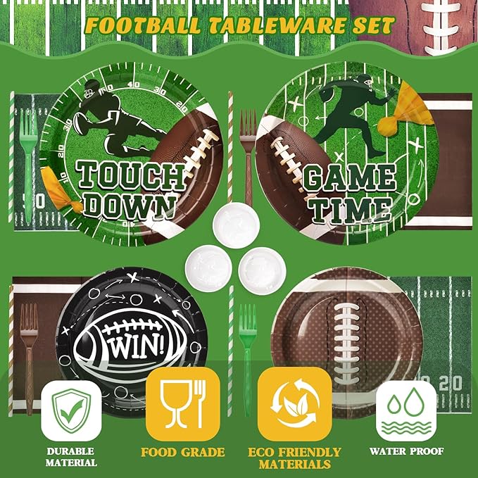 300 Pcs Football Plates and Napkins Tableware Sets (Serve 50), Football Party Supplies, Including Football Plates Napkins Forks Straws and Cups (Blending 2 Designs), Suitable for Game Day Party