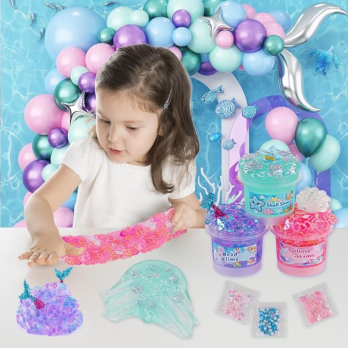 3 x 100mL Ocean Slime Kit for Girls & Boys: Mermaid Bead, Pink Crunchy & Blue Clear Slime, Sensory Experience DIY Slimes Set, Slimes Party Favors for Kids Birthday Easter Halloween Teens Gift