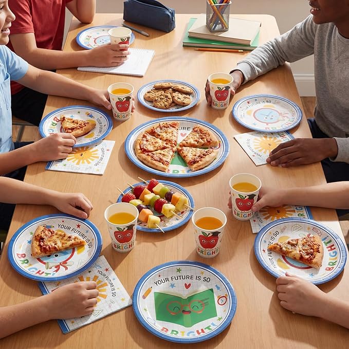 Qinyoung 122 Pcs Kindergarten Graduation Plates and Napkins Set for 24 Guest Paper Dessert Plates Cups and Napkin Bright Future Disposable Tableware for Preschool Kindergarten Party Table Decorations
