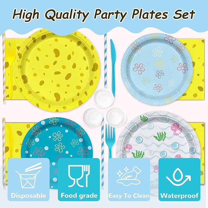 168PCS Cartoon Ocean Party Supplies for Girls Boys Kids Yellow Undersea Happy Birthday Party Decorations Dinnerware Set Napkin Cups Forks Knives Straw for 24 Guests