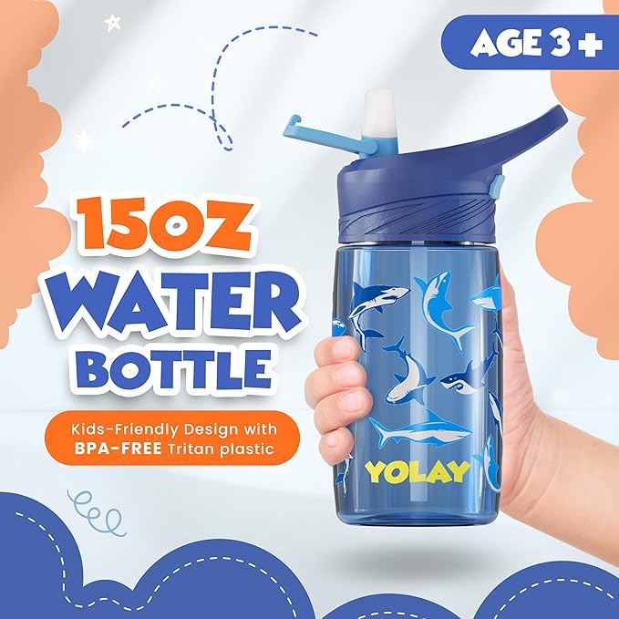 YOLAY 15oz Kids Water Bottle For School Boys and Girls, Durable Toddler Water Bottle with Straw Lid Leak-Proof, Spill Proof, Easy Clean and Dishwasher Safe with Re-Usable and BPA Free - Shark