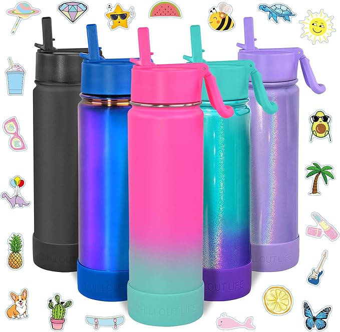 CHILLOUT LIFE 22 oz Kids Insulated Water Bottle for School with Straw Lid Leakproof and Cute Waterproof Stickers, Personalized Stainless Steel Thermos Flask Metal Water Bottle, Frozen Slushy