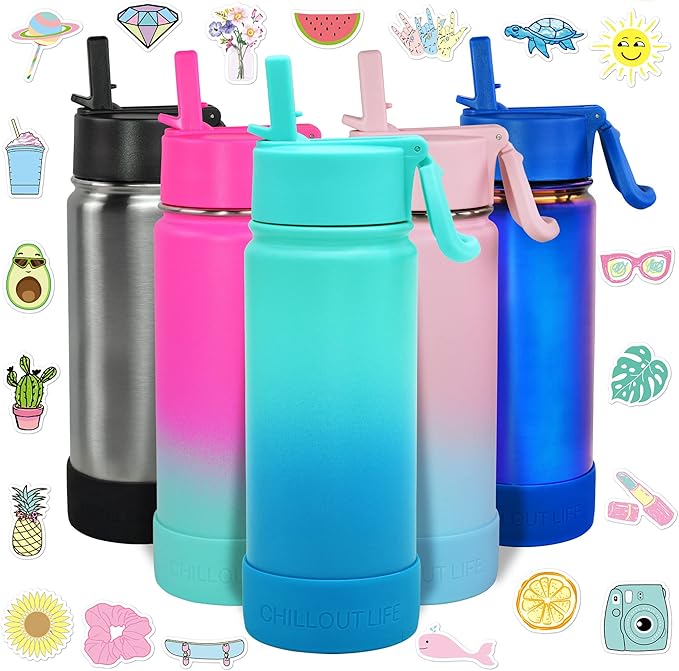 CHILLOUT LIFE 17 oz Kids Insulated Water Bottle for School with Straw Lid Leakproof and Cute Waterproof Stickers, Personalized Stainless Steel Thermos Flask Metal Water Bottle for Girls & Boys