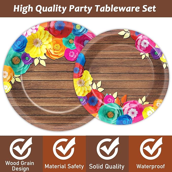 96Pcs Fiesta Party Plates and Napkins for Mexican Party Supplies Wooden Floral Themed Paper Dessert Plates Festival Tableware Set for Kids Boys 24 Guests Birthday Party Decorations