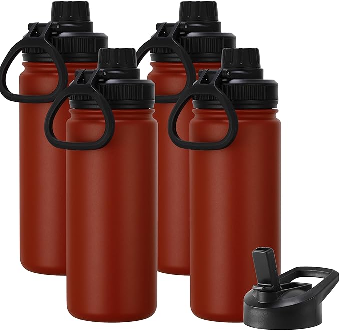 DOMICARE 16 oz Kids Water Bottle for School Stainless Steel Double Wall Vacuum Insulated Water Bottle with Straw lids & Spout Lid, Leakproof BPA Free (Red,4)