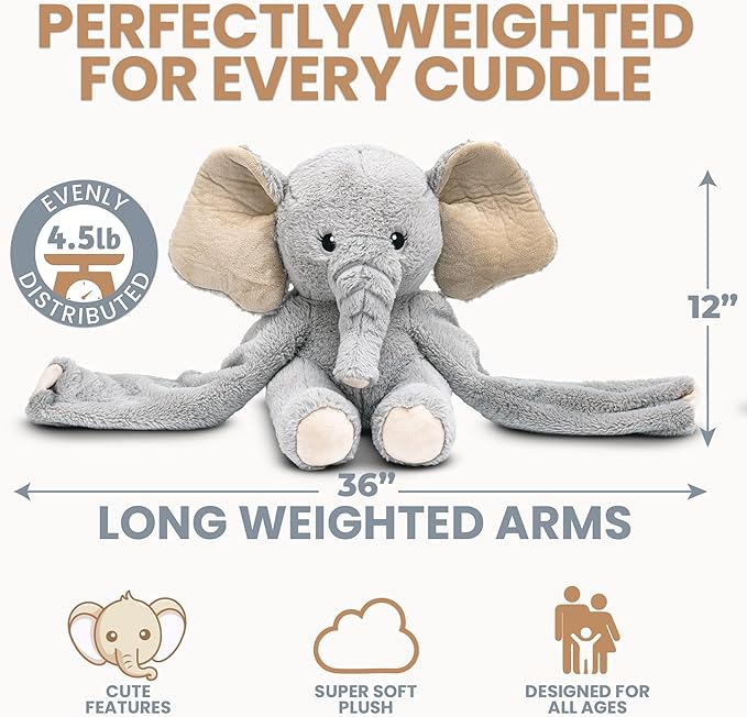 Huggle Healers Weighted Stuffed Animals for Adults, Teens and Kids - 36 Inch Long Plush Arms for Hugs - 4.5lb Elephant Stuffed Animal Plushies - Hathi Elephant