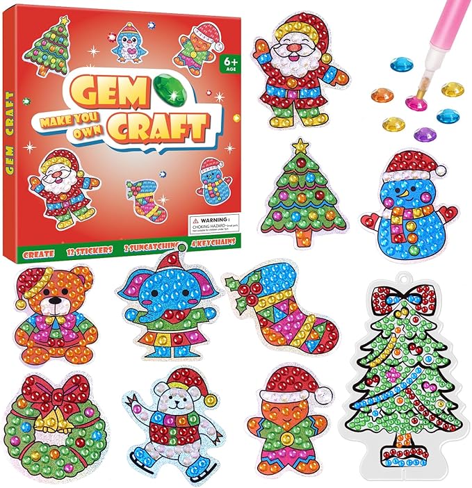WAHFNG Gem Art, Diamond Art Kids Painting Kit -Make Your Own Stickers,Keychains & Suncatchers - Arts and Crafts for Girls and Boys - Gift Ideas for Age 6, 7, 8, 9, 10,11,12 Years Old（Christmas）