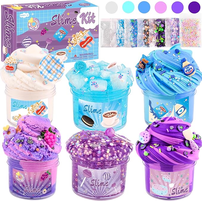 6 Pack Snacks Slime Kit for Kids-Cloud Butter Clear Slimes, Blue & Purple Snacks Slime, Soft and Non-Sticky, Party Favors, Goodie Bag Stuffers, Classroom Rewards, Birthday Gifts for Girls Boys