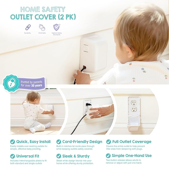 Regalo Safety Outlet Covers for Baby Proofing, Child Proof Wall Outlet Cover Guard with Space for Cords – Fits Standard & Single Outlets (2 Pack, White)