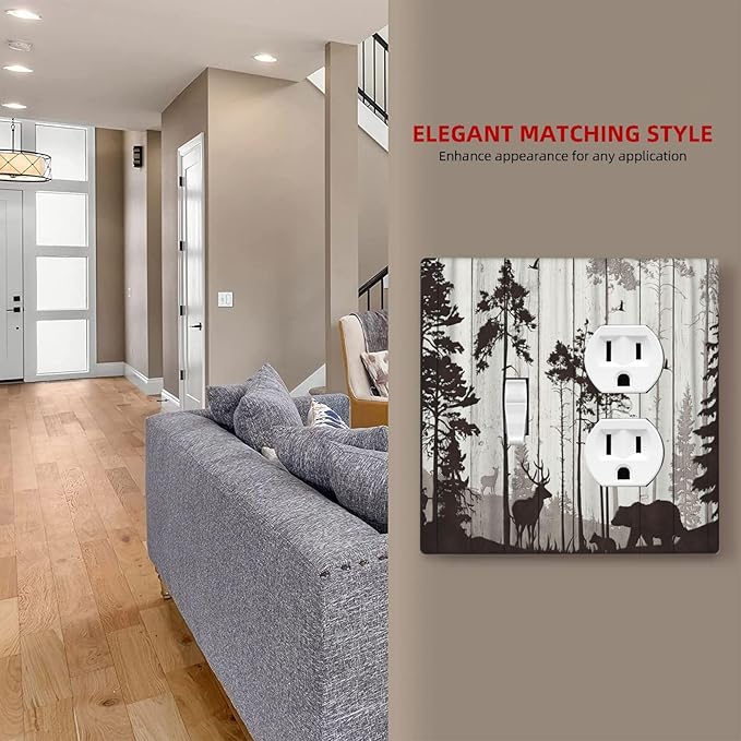 Decorative Outlet Covers Rustic Deer Hunting Forest Grey Wood Plank 2 Gang Wall Plate Single Toggle Duplex Light Switch Cover Switch Plate Covers Faceplate for Farmhouse Home Decor