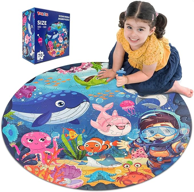 TALGIC Puzzles for Kids Ages 4-6, Large 70 Piece Round Ocean Floor Puzzles, Kids Puzzles 4-6 with Colorful Underwater World, Educational Learning Toys for 3, 4, 5, 6, 7, 8