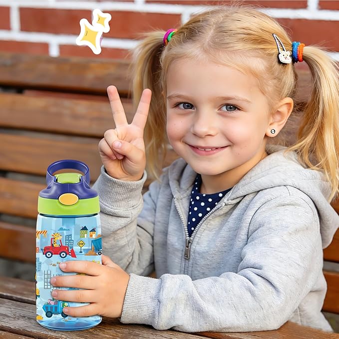 14oz Cute Cartoon Animals Kids Water Bottle with Straw Lid - Vehicles Water Bottles for Kids, Leakproof, Lightweight, Durable Plastic Bottles for School, Animal construction team Gift Cup for Teens