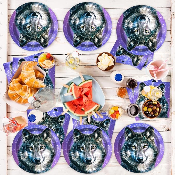 Qyeahkj Wolf Party Supplies Serves 24 Wolf Theme Party Paper Plates Napkins Wolf Tablecloth Set Tableware Kit for Kids Birthday Party Baby Shower