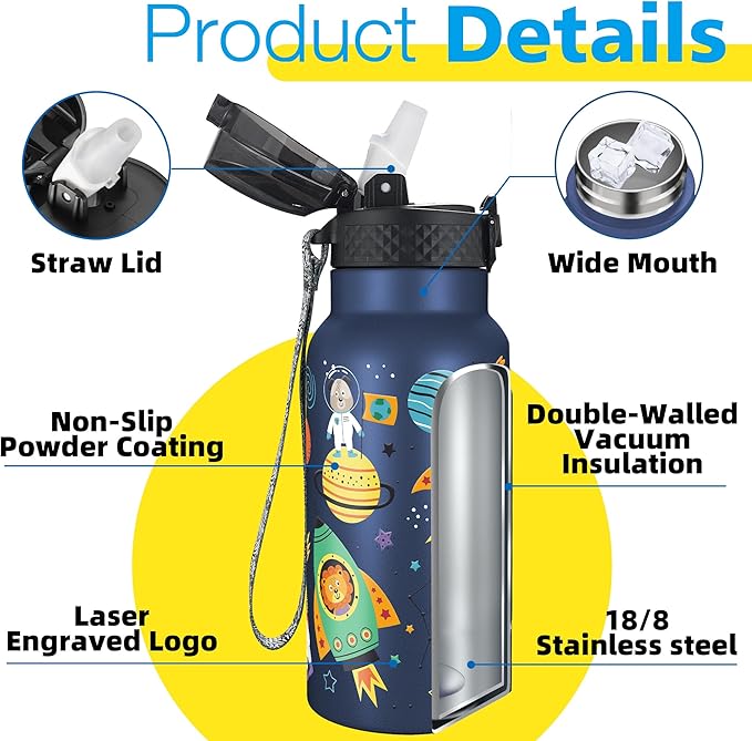 Han's Bottle Kids Water Bottle with Straw Lid - Insulated Stainless Steel Reusable Tumbler for Girls,Boys,Thermo Mug,17oz,Cosmic Animals