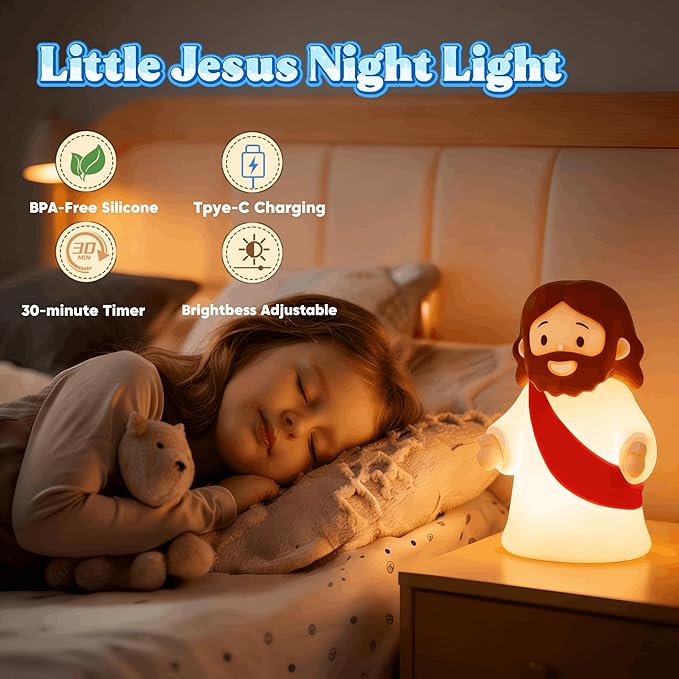 magical JD Little Jesus Night Light, Mini Silicone Jesus Lamp, Dimmable Rechargeable Touch Bedside Lamp for Nursery & Kids, Ideal Religious Gift for Christmas, Easter and Baptism (Red)
