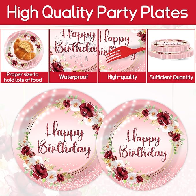 96Pcs Burgundy Birthday Party Supplies Burgundy Floral Paper Plates Napkins Flower Birthday Party Tableware Set Red Gold Dinnerware for Girl Party Baby Shower Decoration Serve 24