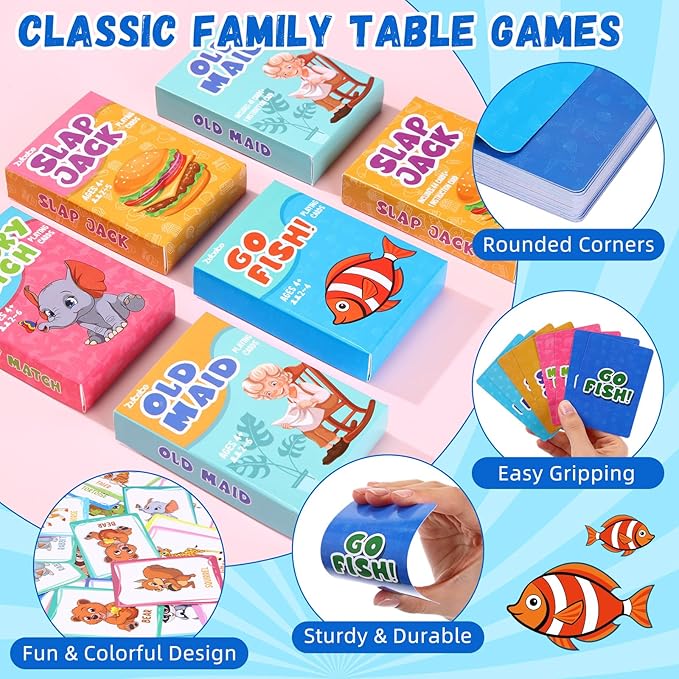 Zubebe 16 Decks Kids Card Games Bulk Operation Christmas Classic 4 In1 Includes Go Fish, Old Maid, Memory Match, Slap Jack Playing Card Game Set for Toddlers Family Game Night Basket Stuffers