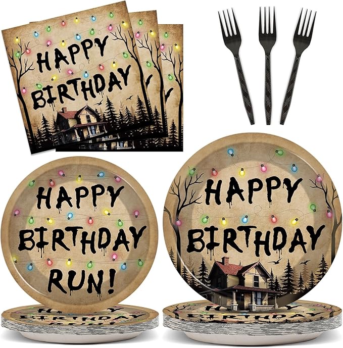 96Pcs Spooky Rustic Alphabet Party Plates and Napkins Retro Scary House Decor Retro Colorful Light Bulbs Paper Dessert Cake Plates Horror Alphabet Tableware Set for Halloween Party Supply 24 Guests
