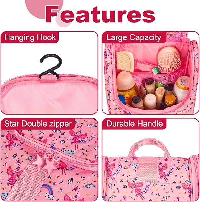 Remobia Hicol Cute Cartoon Hanging Kids Toiletry Bag Children Travel Cosmetic Makeup Organizer Wash Bag Shower bag Over Night Bag Camping Shaving Kit Bag for Boys & Girls(Fairy)
