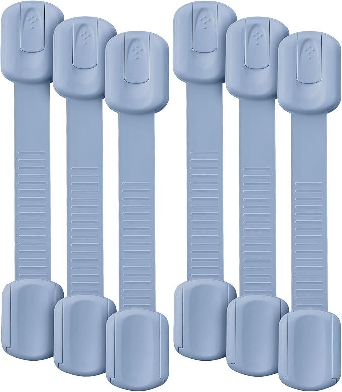 Bate- Child Safety Strap Locks, 6 Pack, Dusty Blue, Baby Locks for Cabinets, Drawers, Kitchen, Toilet, Furniture, Fridge, Multi-Purpose, Easy Install with Quick 3M Adhesive for Childproofing