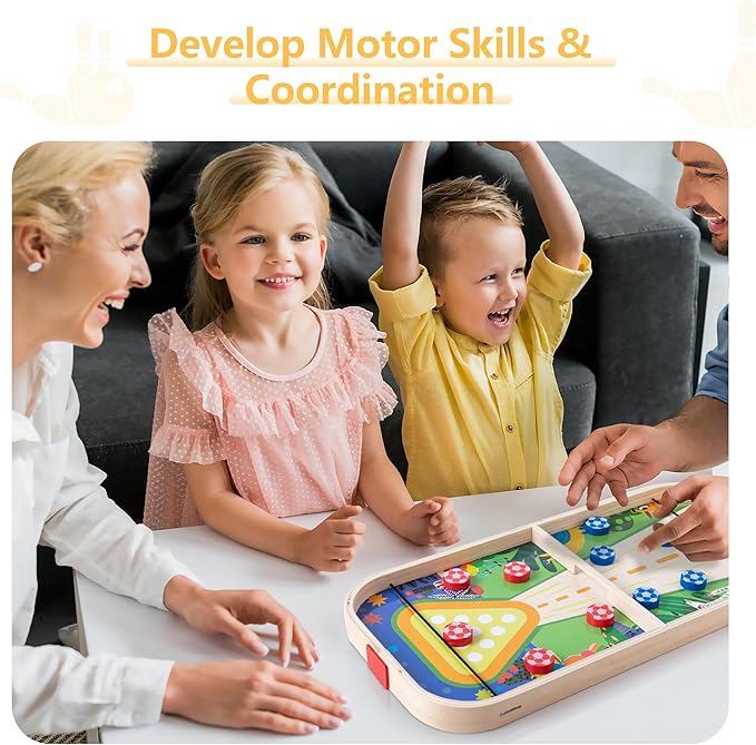 3-in-1 Wooden Tabletop Board Game - Portable Curling, Slingshot & Bowling Set for Kids & Family - Educational Montessori Toy, Screen-Free Indoor Fun, for Boys Girls Ages 3+