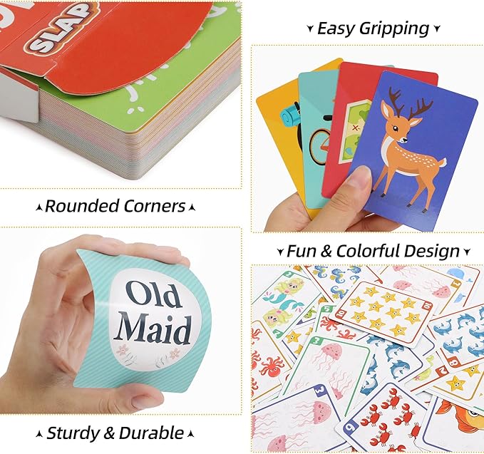 Etyishe Card Games for Kids Toddlers, Go Fish, Old Maid, Slap Jack and Memory Match, 4 Decks in 1 Pack, Fun Educational Gard Games for Family Game Night Table Games, Great Stocking Stuffers