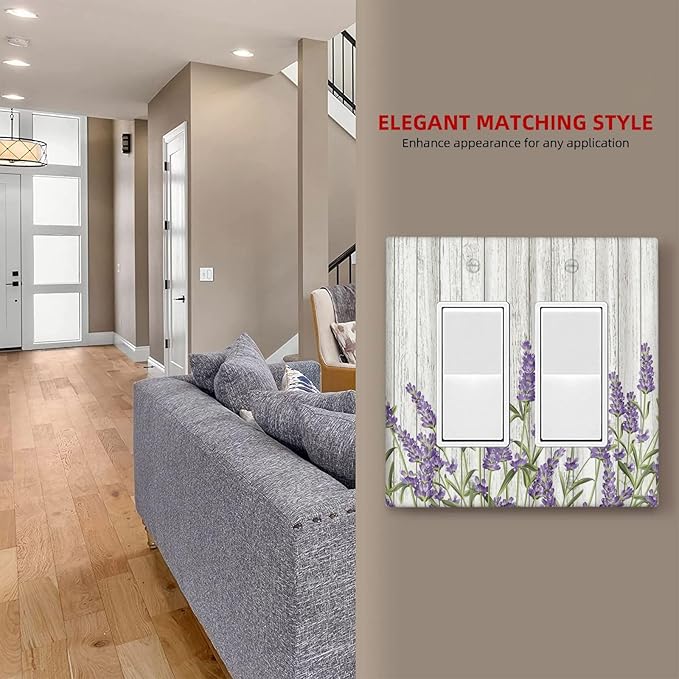 Rustic Wooden Plank Lavender Light Switch Plate Cover 2 Gang Double Rocker Wall Plates Electrical Faceplates Decorative GFCI Outlet Covers for Bedroom Bathroom Kitchen Art Decor