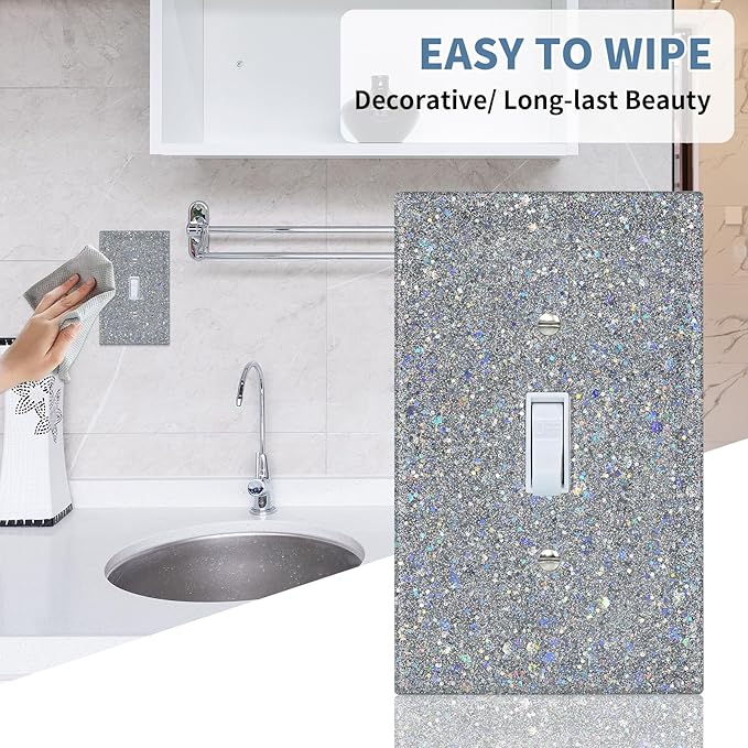 Deep Silver Glitter Light Switch Cover - Sparkling Wall Plate 5.1"x3.15", Unique Gift for Her, Housewarming, Birthday, Home Decor,Single Toggle