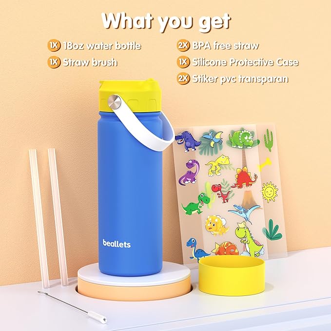 Kids Water Bottle, 18oz Toddler Insulated Bottles with Stickers, 18/8 Stainless Steel Leak-Proof Kids Straw Cup for School, Gifts for Boy(YellowBlue)