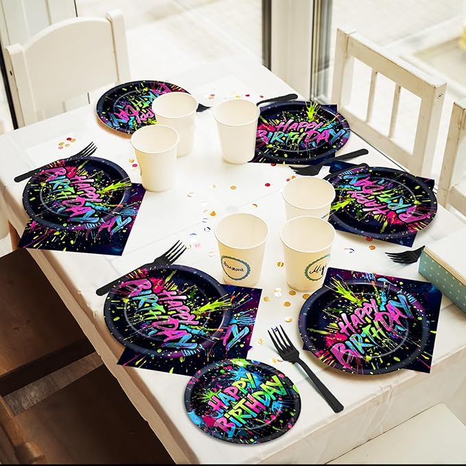 Qyeahkj 100 Pcs Neon Birthday Party Supplies Colorful Graffiti Paper Plates and Napkins Set Disposable Glow Neon Happy Birthday Tableware Decorations for Party Favors Serves 25