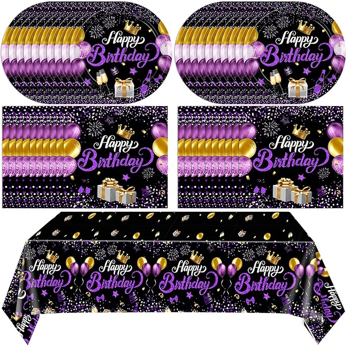 Purple and Black Birthday Decorations,Disposable Party Tableware include Happy Birthday Plates Napkins Tablecloth,for Bday Party Decorations for Women,Girls,Men and Boys,Serves 20