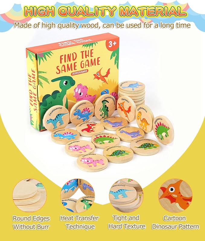 Wooden Match Memory Game for Kids, 24Pc Memory Matching Cards, Educational Memory Matching Game for Pre-Kindergarten Early Learning Development Kids-Dinosaur