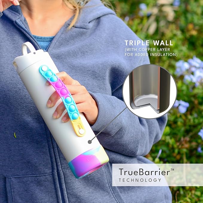 Elemental Iconic Kids Water Bottle for School - 100% Leak-Proof Insulated Water Bottles with Straw Lid & Pop-It Handle for Boys & Girls - Triple-Wall Insulated & BPA-Free, 20oz – White Tie Dye