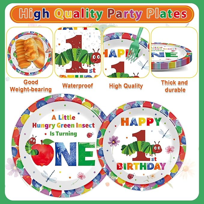 96Pcs Caterpillar 1st Birthday Party Plates and Napkins Green Caterpillar Theme Decor Very Hungry Paper Disposable Dessert Cake Plates Cartoon Insect Tableware Set for Kids Birthday 24 Guests