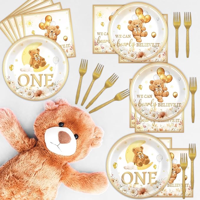 96Pcs Beary First Birthday Decorations Plates Sets, 1st Teddy Bear Paper Plates Napkins for Boy ONE Bear Tableware for 1st Birthday Party Supplies (24 Guests)