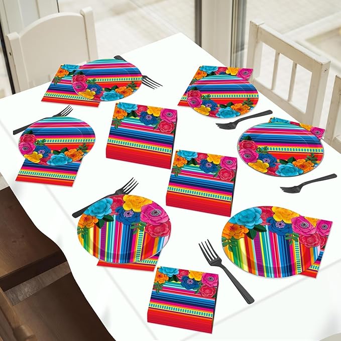 200pcs Mexican Fiesta Plates Napkins Floral Paper Tableware Set Fifth of May Serape Stripes Cake Disposable Dinnerware Pinata Mexico Taco Party Decoration for Baby Shower Birthday Supplies Serves 50