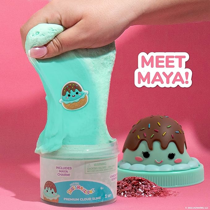 Original Squishmallows Maya the Ice Cream Premium Cloud Slime, Chocolate-Scented, 8 oz., Storage Container with Figurine Topper, Rubber Charm, Goodie Bags Stuffers, Kids Party Favors, Sensory Toys