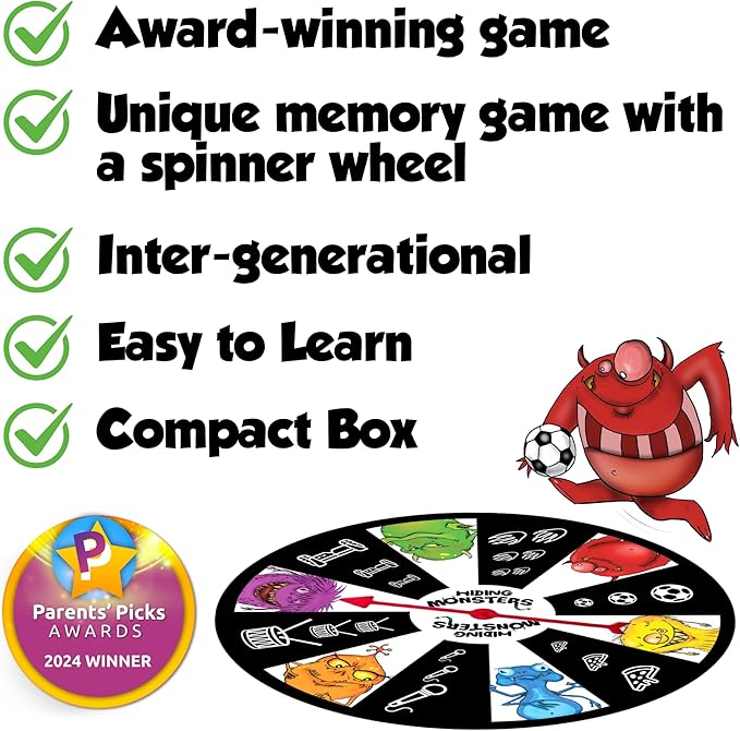 Hiding Monsters Award Winning Memory Games for Kids Ages 4-8 with a Spinner Wheel. Fun and Easy-to-Play. Matching Games for Kids Ages 4-8 and 8-12 for Boys and Girls. 2+ Players