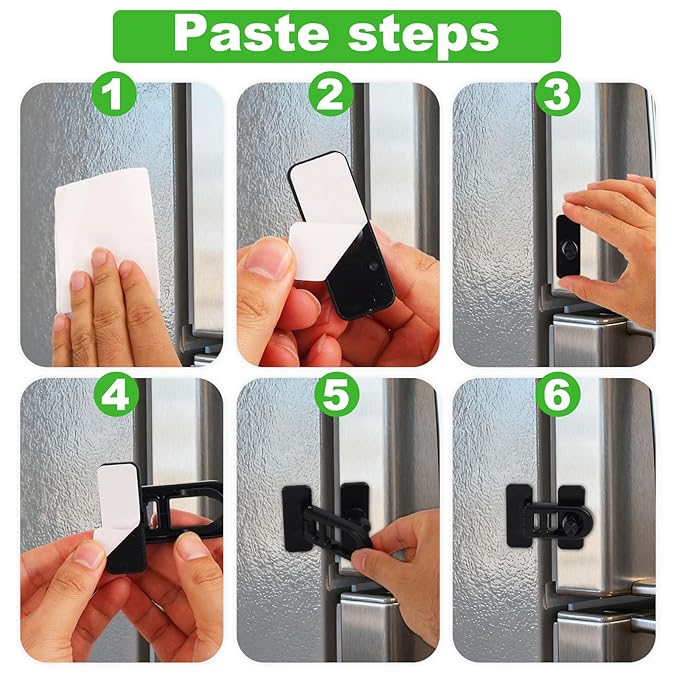 2pcs Child Safety Refrigerator Lock with Adhesive Pads, Childproof Fridge Lock for Kids Baby Cabinet Locks for Oven RV Doors Drawers (Black)