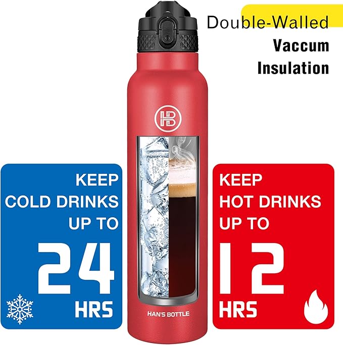 Han's Bottle Sports Water Bottle - 32 Oz, Straw Lid, Leak Proof, Vacuum Insulated Stainless Steel, Double Walled, Thermo Mug,Red