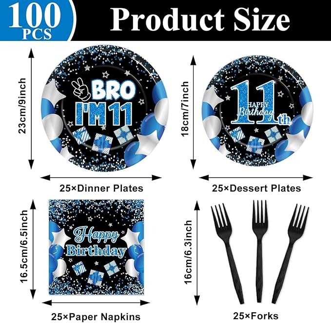 Qyeahkj 100 Pcs 11th Birthday Decorations for Boys Official Teen Supplies Plate Napkin Forks Set Disposable Blue 11th Birthday Tableware Paper Plates Dinnerware for Kids Teenager Favors Serve 25